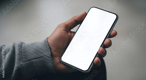 Fototapeta A person holding a smartphone with a blank white screen against a neutral gray colored background scene view