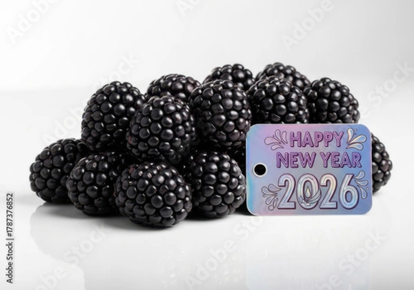 Fototapeta Blackberries with Happy New Year 2026 Tag on White. Fresh Berries and Celebration Concept