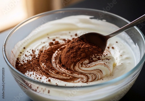 Fototapeta Learn a Quick Recipe and simple Food Hacks for making delicious homemade chocolate whipped cream or mousse from scratch in a glass bowl