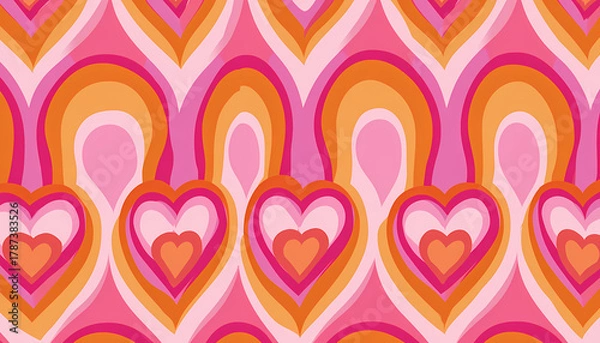 Fototapeta Retro groovy heart pattern in warm pink and orange tones