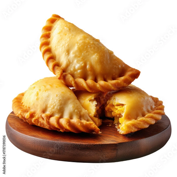 Obraz Fried baked pastry empanadas filled with ground beef cheese ham and crimped edges on wooden plate, isolated on white background