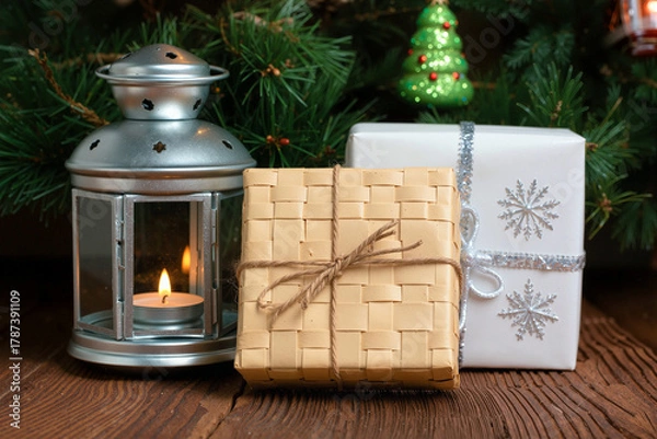 Fototapeta Silver lantern with candle beside wrapped gifts on wooden table, cozy Christmas decor with evergreen. Generative AI