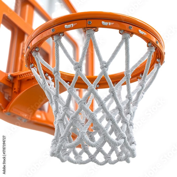 Obraz Close up of an orange basketball hoop with a white net against a black background in a studio shot