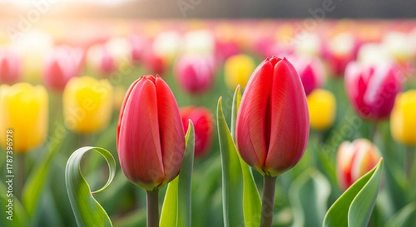 Fototapeta Vibrant Red Tulips Blooming in a Spring Garden with Colorful Background