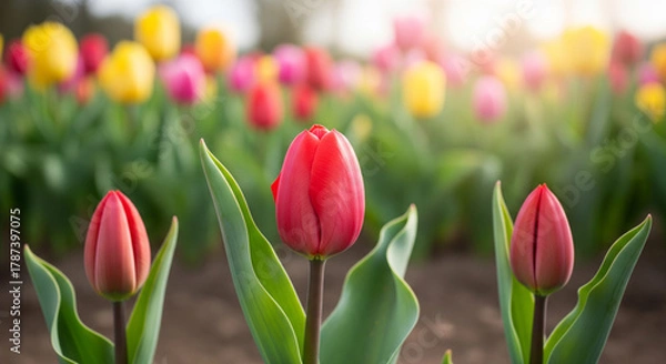 Fototapeta Vibrant Red Tulips Blooming in a Spring Garden with Colorful Background
