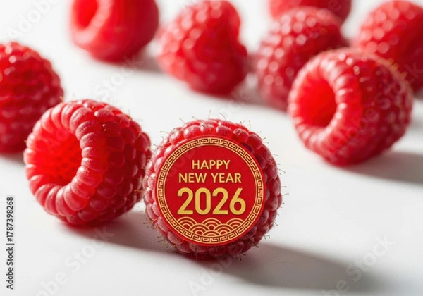 Fototapeta Festive Happy New Year 2026 Raspberry Sticker Badge on Ripe Fruit for Celebration and Greetings on White