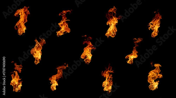 Fototapeta Collection of realistic fire flames isolated on black background, perfect for digital art, design and visual effects. Ideal for explosion scenes burning energy visuals or cinematic action compositions