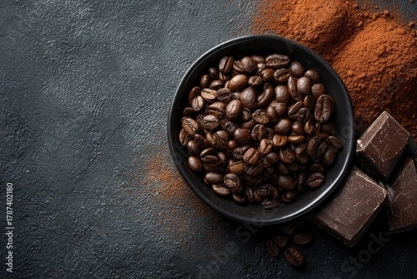 Fototapeta A visually rich overhead shot showcasing a classic pairing of indulgent flavors. Dark roasted coffee beans are artfully arranged in a sleek black ceramic bowl, contrasting beautifully with the deep, t