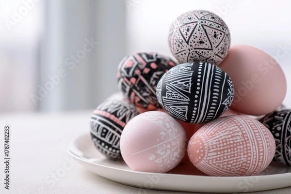 Fototapeta A visually appealing collection of artfully decorated eggs is arranged on a crisp white plate, showcasing a harmonious blend of modern aesthetics and traditional craftsmanship. The eggs feature an eng
