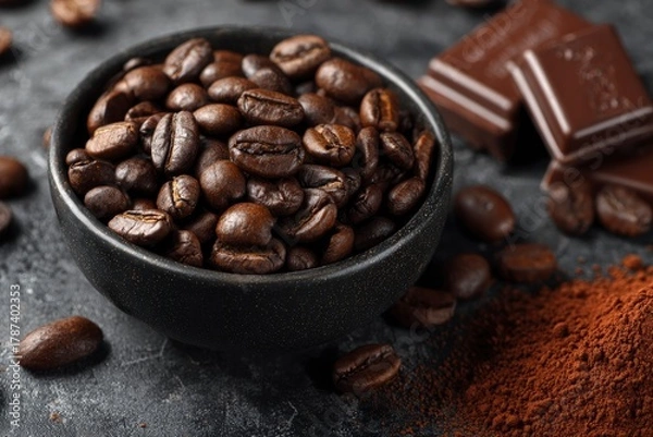 Fototapeta A rich and inviting close-up shot of dark roasted coffee beans overflowing from a textured black bowl, complemented by scattered beans, a pile of aromatic ground coffee, and blurred chocolate pieces o