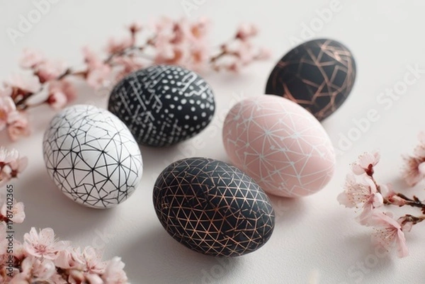 Fototapeta An elegant composition of modern, beautifully decorated eggs featuring intricate geometric patterns in black, white, and delicate pink hues. These artistic eggs are nestled among soft spring blossoms,