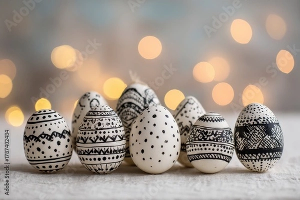 Fototapeta A captivating arrangement of white eggs, meticulously adorned with intricate black and white patterns, stands gracefully on a textured light surface. The detailed designs, ranging from playful dots to