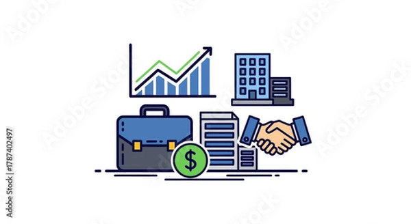 Fototapeta Business-related illustration featuring a briefcase, documents, handshake, buildings, and a growing graph.