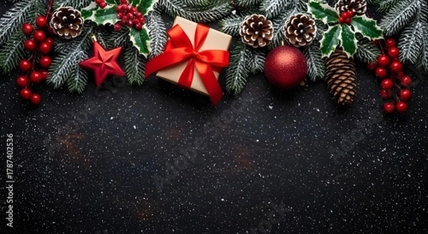 Fototapeta Festive christmas garland with gift box ornaments pine cones and berries on a dark background with snow