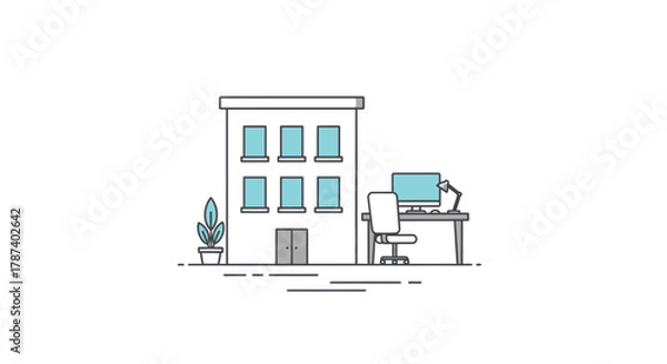 Fototapeta Illustration of a building with windows, a desk, and a plant, representing an office.