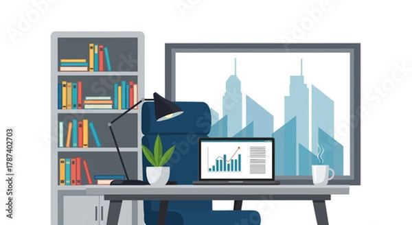 Fototapeta Modern office workspace with a desk, chair, bookshelf, and a laptop displaying a financial chart, overlooking a city skyline.