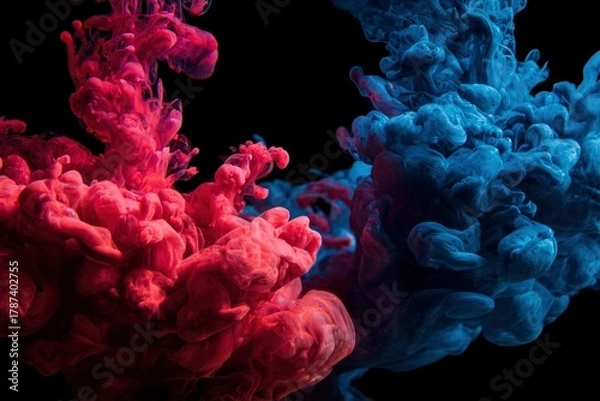 Fototapeta A mesmerizing abstract display of vibrant red and deep blue liquid streams swirling dynamically against a rich black background. The colorful fluids appear to collide and intermingle, creating an ethe