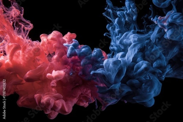 Fototapeta A mesmerizing abstract composition showcases vibrant, ethereal clouds of red and blue fluid expanding and swirling gracefully against a deep black background. The dynamic collision and intertwining of