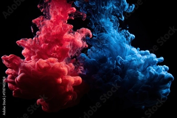 Fototapeta A captivating abstract image featuring vibrant red and blue liquid ink diffusing and swirling gracefully underwater against a stark black background. The contrasting colors create a dynamic, ethereal 