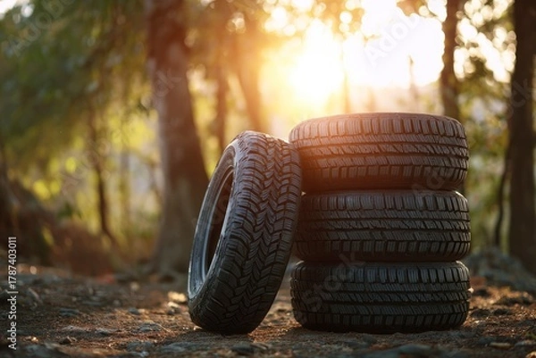 Fototapeta A pristine stack of robust vehicle tires stands prominently on natural, earthy ground, accompanied by an additional tire leaning nearby. The rich, dark rubber and intricate tread patterns are highligh