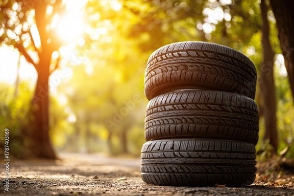 Fototapeta A pristine stack of three dark vehicle tires stands prominently on a rustic, sun-dappled gravel path. The rich, intricate tread patterns of the rubber are sharply in focus, contrasting with the beauti