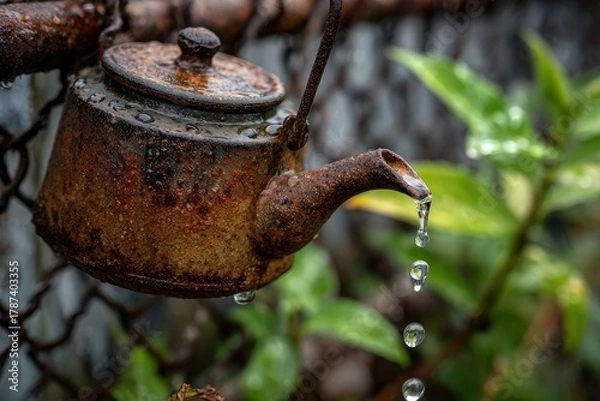 Fototapeta A close-up view captures an antique, weathered metal kettle, heavily textured with vibrant rust and glistening with fresh water droplets. The clear liquid gracefully drips from the spout, creating del