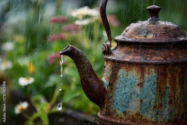 Fototapeta A close-up captures an antique, weathered metal kettle, its surface richly textured with deep rust and subtle blue-green patina, as a gentle rain shower descends. Numerous glistening raindrops cling t