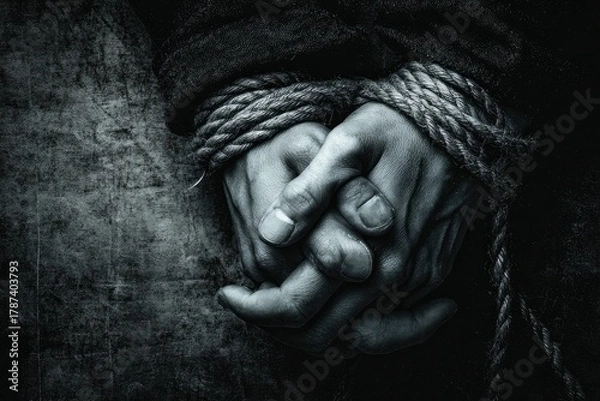 Fototapeta A powerful, desaturated close-up focuses on human hands tightly bound by rugged rope, conveying profound themes of constraint, struggle, and limitation. The gritty, textured background amplifies the r