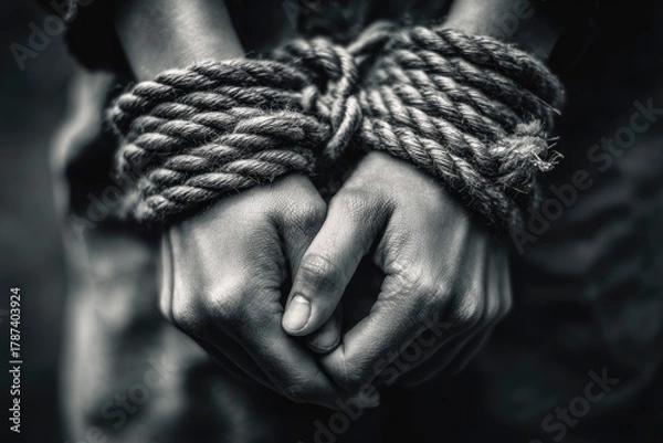 Fototapeta A powerful black and white close-up captures a person's hands tightly bound with a robust, textured rope against a deeply blurred, somber background. The intense monochrome aesthetic emphasizes the gr