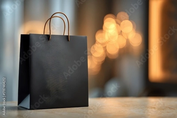 Fototapeta A sleek black shopping bag with elegant golden handles stands upright on a subtly textured, light-colored surface. The background is artfully blurred, featuring warm, glowing bokeh lights that create 