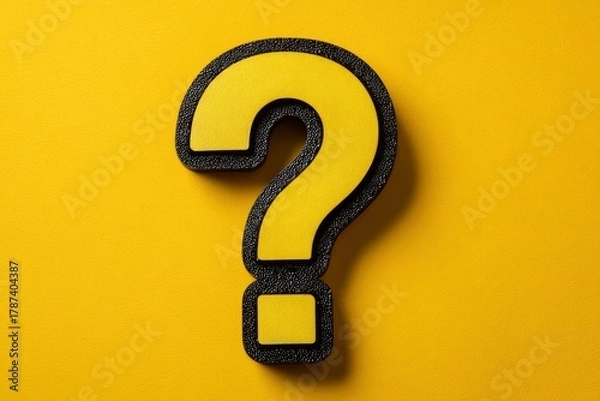 Fototapeta A striking, vibrant yellow question mark symbol, meticulously crafted with a distinctive black, granular textured outline, stands boldly against a complementary bright yellow background. The three-dim