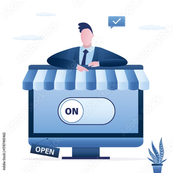 Obraz New digital startup launch. Entrepreneur push start button and opening online shop. New retail business development. Innovation technology, business project, internet store.