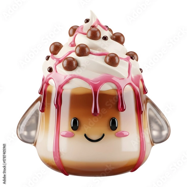 Fototapeta Cute smiling coffee character with sweet whipped cream topping