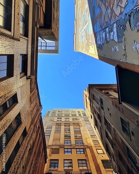 Obraz Looking up at buildings in a city alleyway. Sunlight highlights the facades