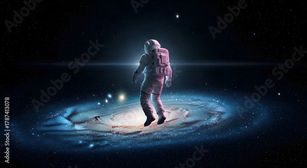 Fototapeta Astronaut floating above swirling galaxy, perfect for illustrating space exploration, scientific discovery, and dreams of interstellar travel and cosmic wonder