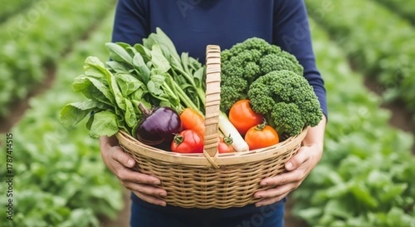 Fototapeta A person holding a basket full of fresh vegetables from the garden in a field, promoting healthy eating and sustainable agriculture