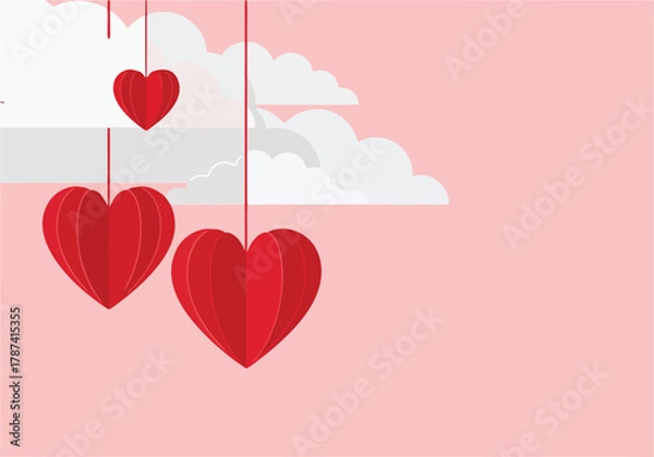 Fototapeta Valentine's Day illustration featuring hanging paper hearts and fluffy clouds against a pink background.