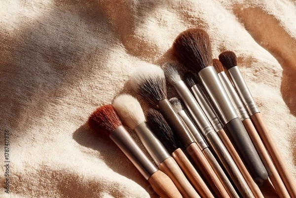 Obraz Professional makeup brushes arranged on soft neutral fabric, ideal for beauty bloggers, cosmetic brands, and lifestyle content