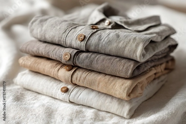 Obraz Soft linen shirts in neutral tones, perfect for minimalist style, evoke a feeling of calm and natural comfort ready to wear
