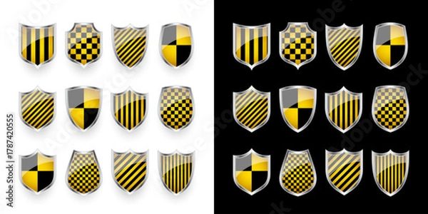 Fototapeta Glossy shield with yellow and black pattern. Security and protection concept. Cyber safety icons, internet privacy, web defense, digital data protection and antivirus themes. Vector illustration.