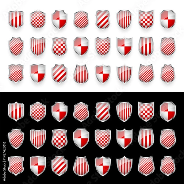 Fototapeta Glossy shield with red and black pattern. Security and protection concept. Cyber safety icons, internet privacy, web defense, digital data protection and antivirus themes. Vector illustration.