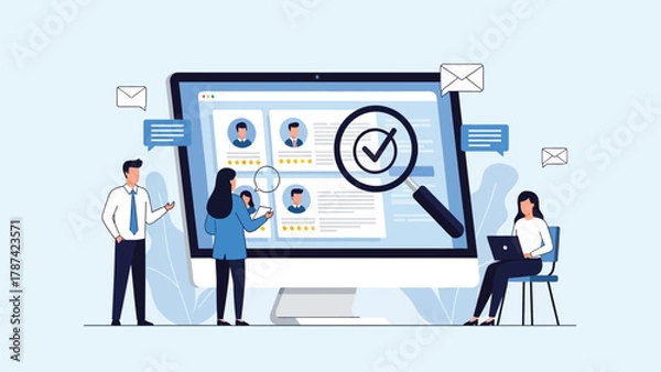 Fototapeta Human Resources Recruitment Process: Selecting Candidates Online with Magnifying Glass Checkmark