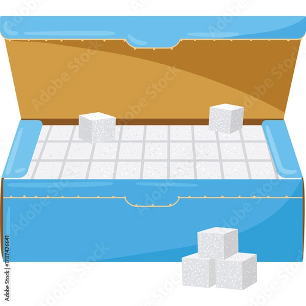 Fototapeta Open Light Blue Cardboard Box Filled With White Sugar Cubes Against A White Background With A Few Loose Cubes In Front