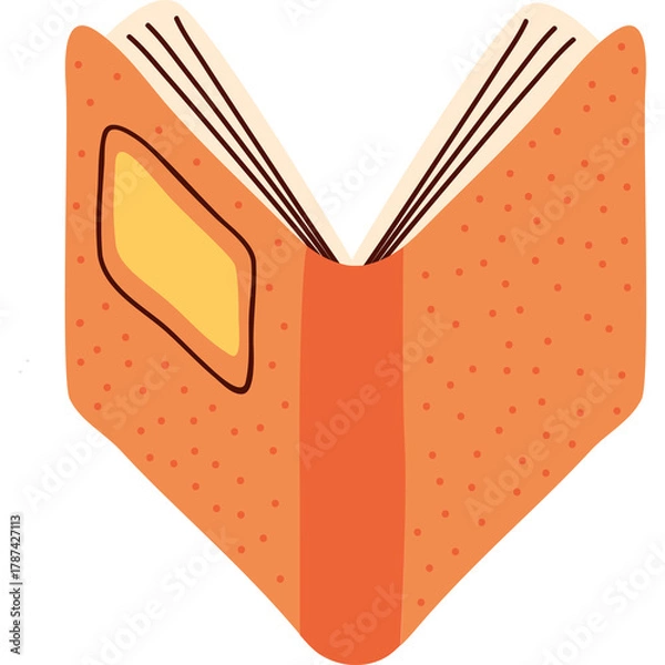 Fototapeta Open Orange Book With Yellow Rectangle On Left Page And White Pages With Lines And Brown Spine Detailed Illustration