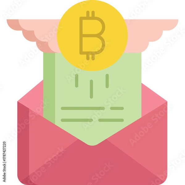 Fototapeta Open pink envelope revealing a light green document with bitcoin coin symbol on top in soft pink clouds background flat design illustration