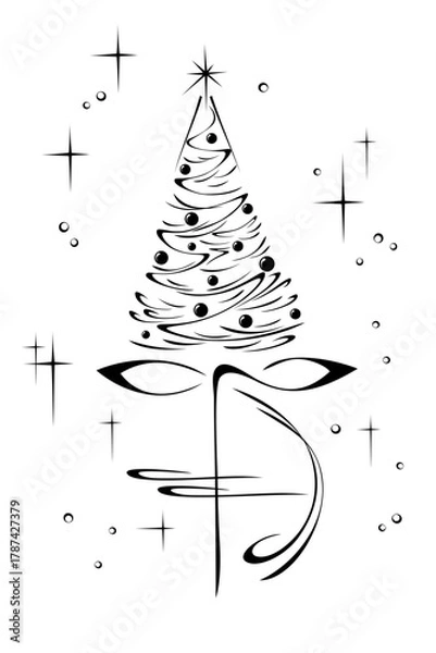 Fototapeta Stylized elegant Christmas tree with an abstract decorative element on a starry background with falling snow
