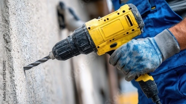 Fototapeta A construction worker is using a large, yellow hammer drill on a concrete wall. The focus is on the tip of the vibrating drill and the worker's hands wearing protective gloves. 