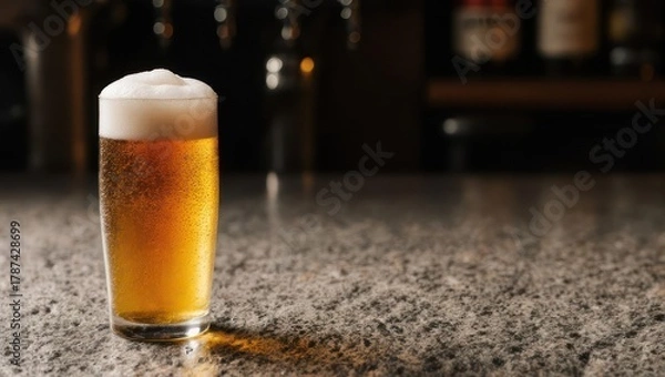 Obraz A glass of beer sits on a bar, with focus on the foam and golden liquid
