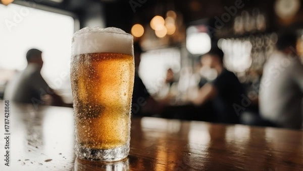 Obraz Frothy beer glass on a wooden bar, blurred people in the background, warm lighting