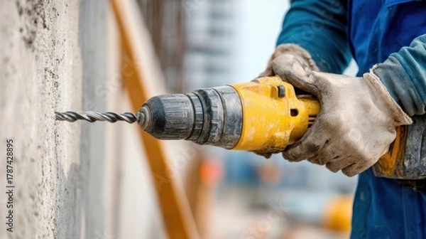 Fototapeta A construction worker is using a large, yellow hammer drill on a concrete wall. The focus is on the tip of the vibrating drill and the worker's hands wearing protective gloves. 